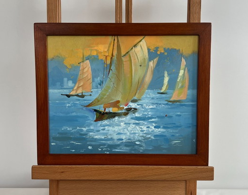 Original Oil Painting Evening Sea Landscape Sunset colors in the sea