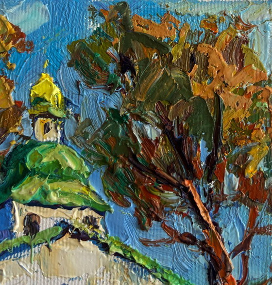 Image 1 of Original Oil Painting Autumn Church Landscape Autumn church bells