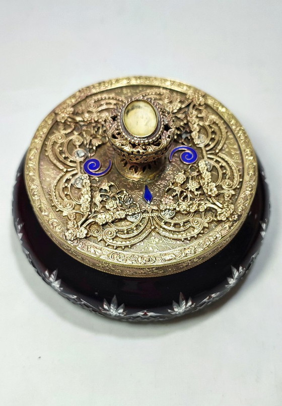 Image 1 of Scatola per gioielli in vetro e metallo E&JB Empire Gold Art. USA, anni '20.