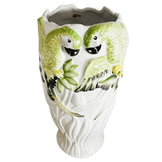 Image 1 of Vintage Portuguese XL white ceramic vase hand-painted parrots 1940s