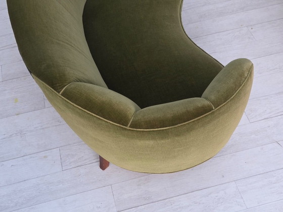 Image 1 of 1960s, Danish Curved 2-Seater Sofa, Green Furniture Velour, Oak Wood Legs