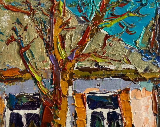 Image 1 of Original Oil Painting Summer House Landscape Village courtyard