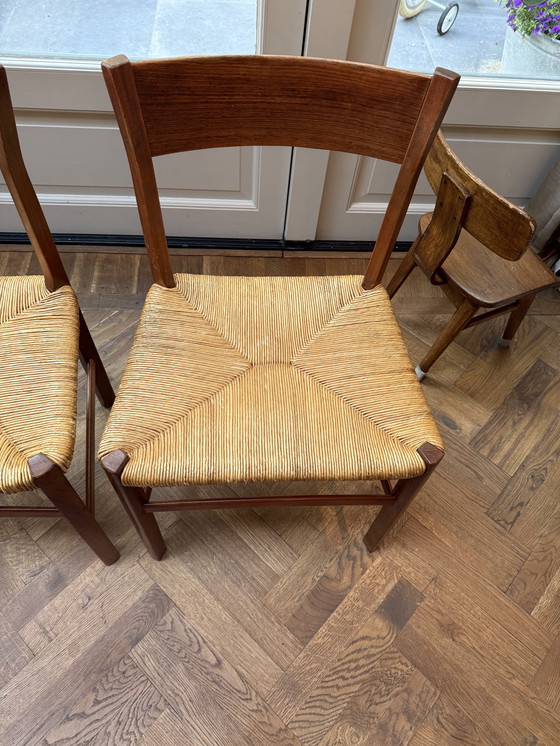 Image 1 of Set van 4 Scandinavische vintage stoelen van teakhout en stro, 1960 