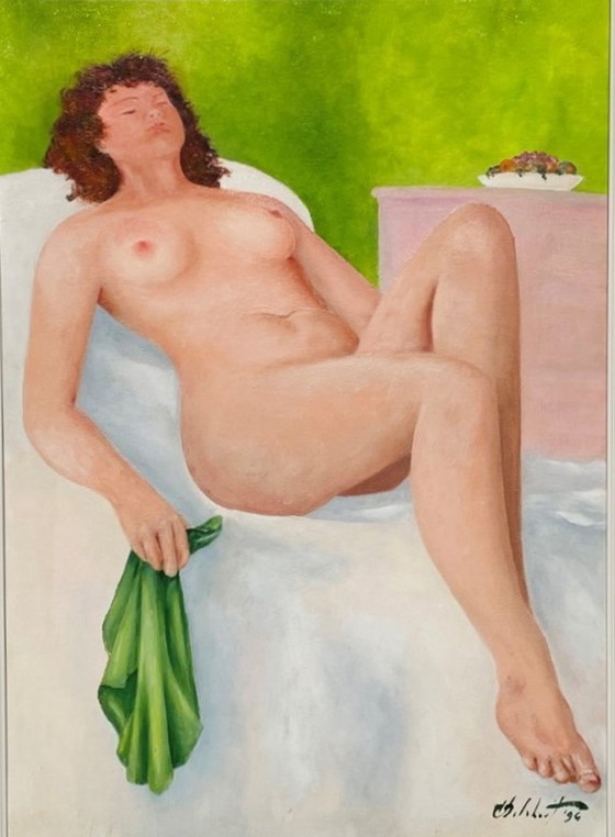 Image 1 of Olio di Camille Delahaut, Nudo ' Jill sdraiata ' Vintage