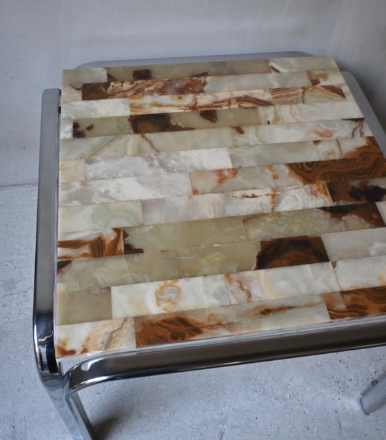Vintage 70s Design Side Table, Onyx Mosaic & Chrome – Coffee tables, Stone, Metal (photo 12 of 12)