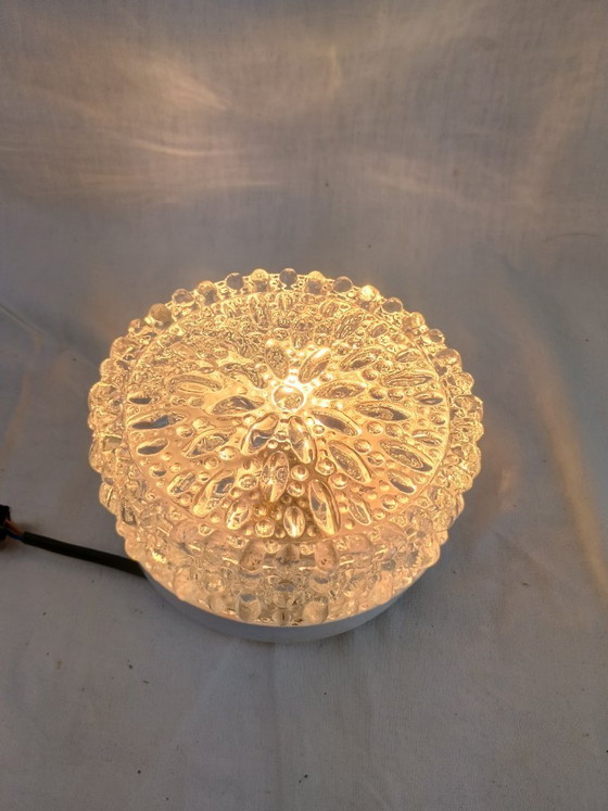 Image 1 of Vintage Glashütte Limburg 1960s Pressed Glass Ceiling Light - Textured Clear Glass Flush Mount Wall Sconce German Mid-Century