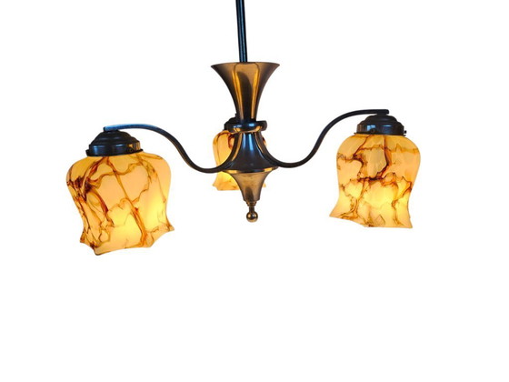 Image 1 of Niederländisches Design – Gispen-Stil – Pendelleuchte – Messing – Marmorglas – Art déco – 1930er Jahre