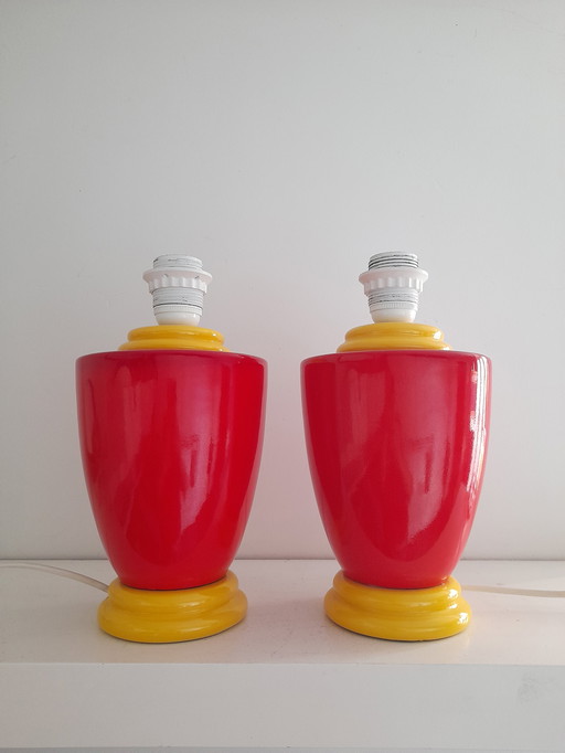 Pair of red and yellow 80s postmodern Memphis lamps