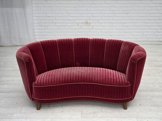 Image 1 of 1960s, Danish 2-seater "Banana" sofa, red furniture velour, oak wood.