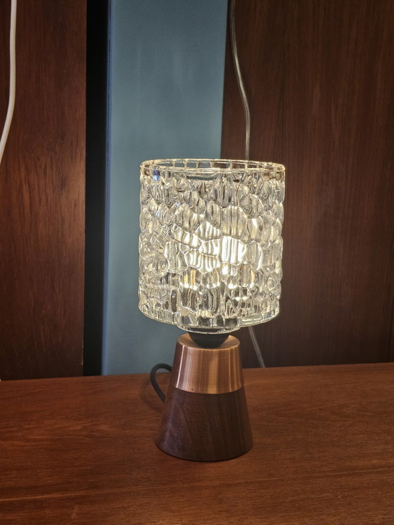 Image 1 of Vintage Glass Table Lamp Wooden Copper Base