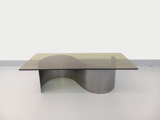 Image 1 of Vintage Space Age rectangular coffee table in steel and smoked glass from the 1970s