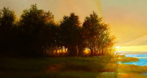Original Oil Painting River Nature Sunset Evening Landscape – schilderijen tekeningen, Canvas (photo 2 of 8)