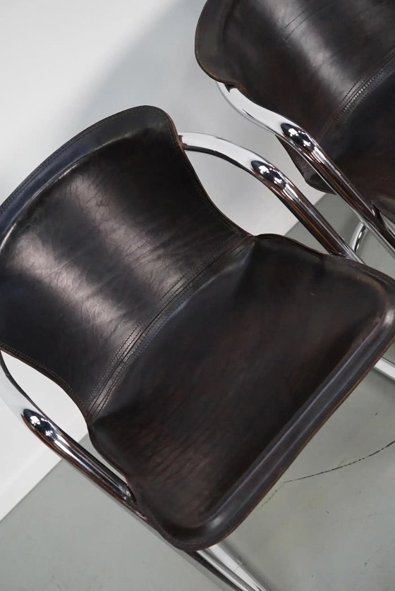 Image 1 of Set van vier bruine leren eetkamerstoelen, Willy Rizzo, jaren 1970