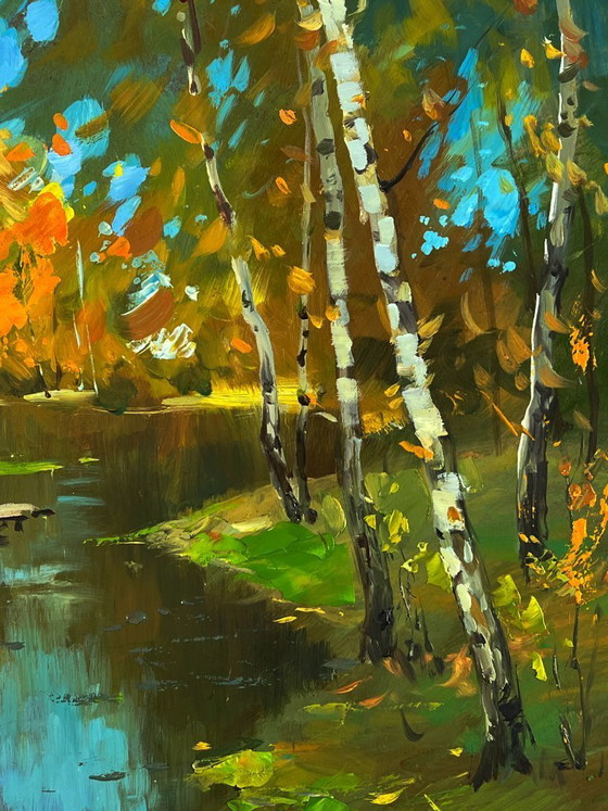 Image 1 of Peinture à l'huile originale, paysage naturel : une rivière dans la forêt d'automne