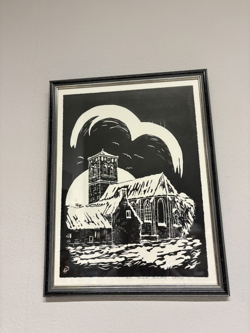 Signierter Holzschnitt/Linolschnitt von Armand Dumoulin – „Winterliche Kirchenszene“ (1987)

