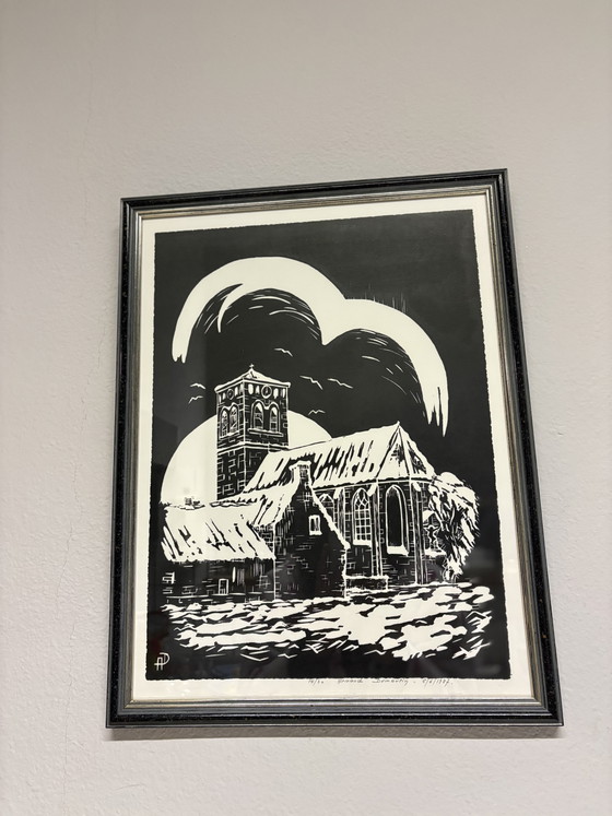 Image 1 of Signierter Holzschnitt/Linolschnitt von Armand Dumoulin – „Winterliche Kirchenszene“ (1987)

