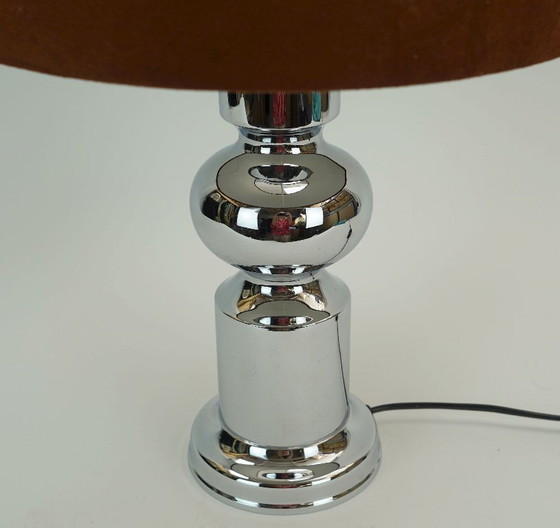 Large 1970s Table Lamp Aro-Leuchten Chrome Base Brown Velvet Lampshade (photo 6 of 11)
