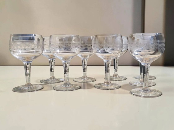 9 guilloché wijnglazen, begin 20e eeuw. – Glazen & Karaffen, Crystal, Glass (photo 9 of 9)