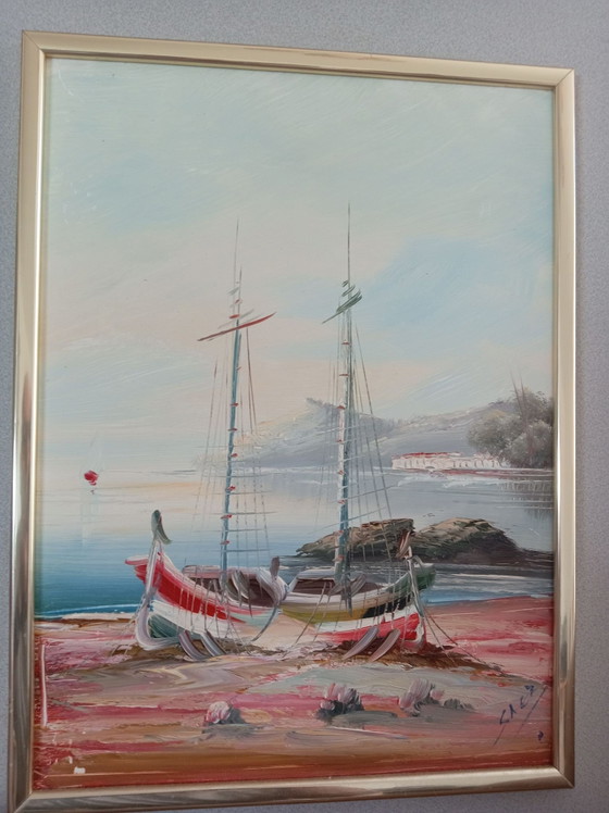 Peinture de bateaux du peintre pierre Saez – Objets d'art, Métal, Textile (photo 4 of 6)