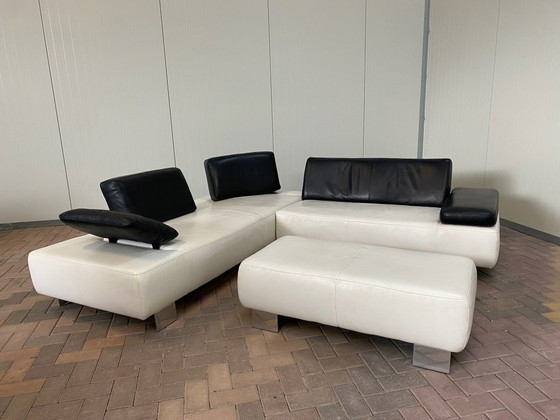 Image 1 of Montel White Real Leather Corner Sofa + Stool