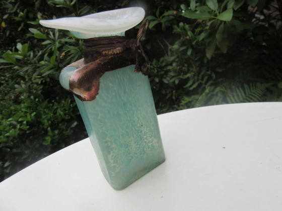 Image 1 of Raku-Vase (Knospenvase), signiert, Studiokeramik, Kunstglas/Metallic