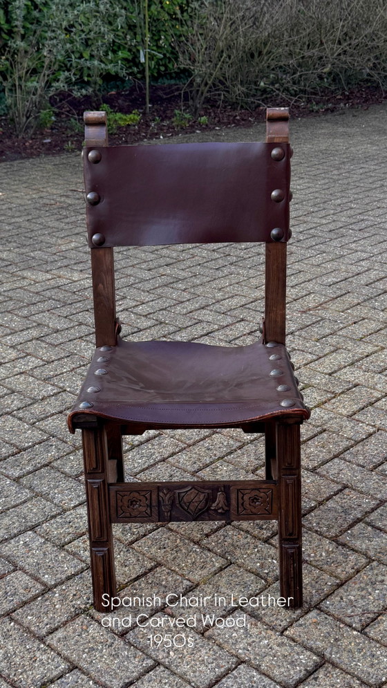 Set van 4 vintage Spaanse stoelen – jaren 60/70 – Eetkamerstoelen, Wood, Leather (photo 5 of 8)