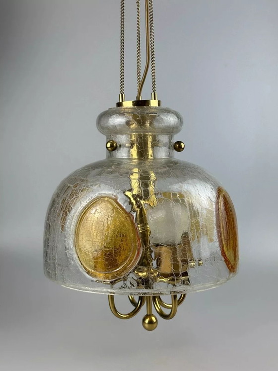 Image 1 of Lampada da soffitto brutalista anni '60-'70, lampada a sospensione in ottone e vetro di Murano