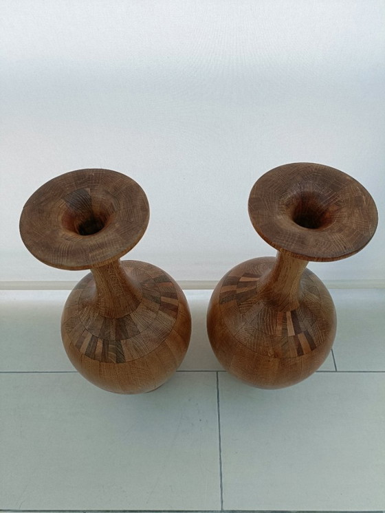 Image 1 of Vintage set zeldzaam Midcentury Art Vaas in Hardhout van Maurice Bonami voor De Coene Frères. Made in België in de jaren 50