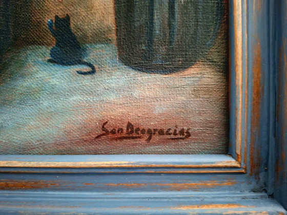 Image 1 of Cuadro Óleo sobre lienzo firmado (1970-1980) - Niño descalzo y gato negro - Decoración 