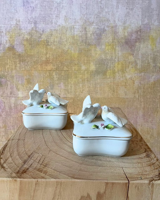 2 Vintage Porcelain Trinket Boxes, White & Doves - France