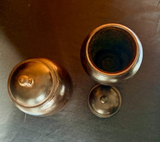 Two vintage wooden vases with lid, brown, Metal (photo 6 of 10)