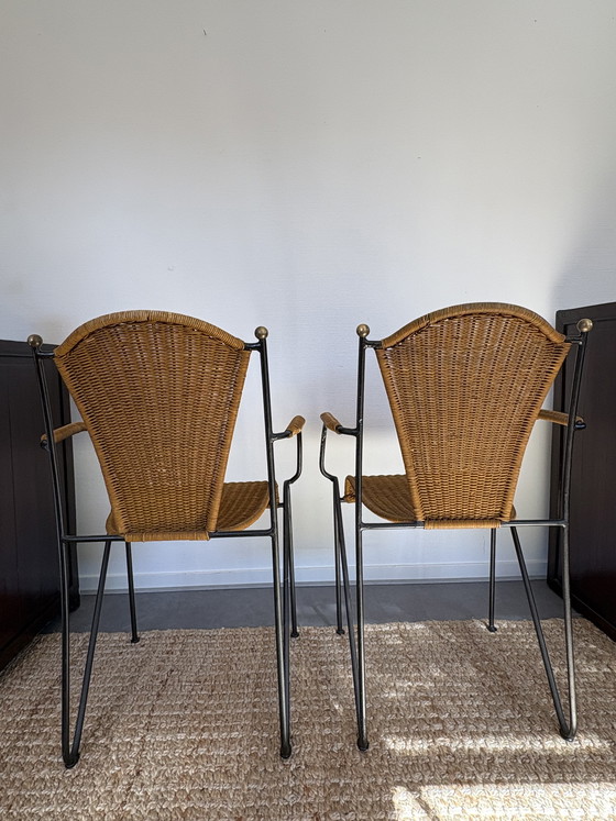 Image 1 of Ensemble de chaises vintage en rotin et fer forgé Frederick Weinberg