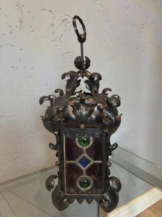 Lampada a sospensione gotica francese in ferro battuto, Vetro cattedrale al piombo (XIX secolo) (foto 6 di 8)