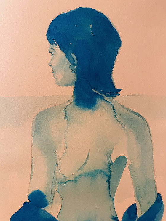 Image 1 of Gesigneerd aquarel monochroom blauw portret vrouw "weekend in Capri ".