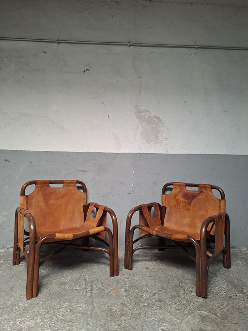 2 poltrone safari in pelle e bambù di Tito Agnoli per Bonacina