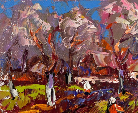 Image 1 of Original Oil Painting Autumn Village Landscape Waking garden beds