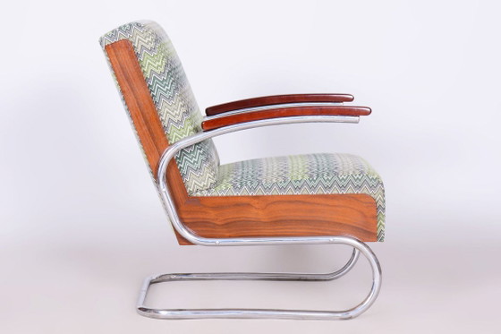 Gerestaureerde art-deco fauteuil, beuken, sparren, walnoot, chroom, Tsjechisch, jaren 1930 – Textile, Wood (photo 6 of 14)