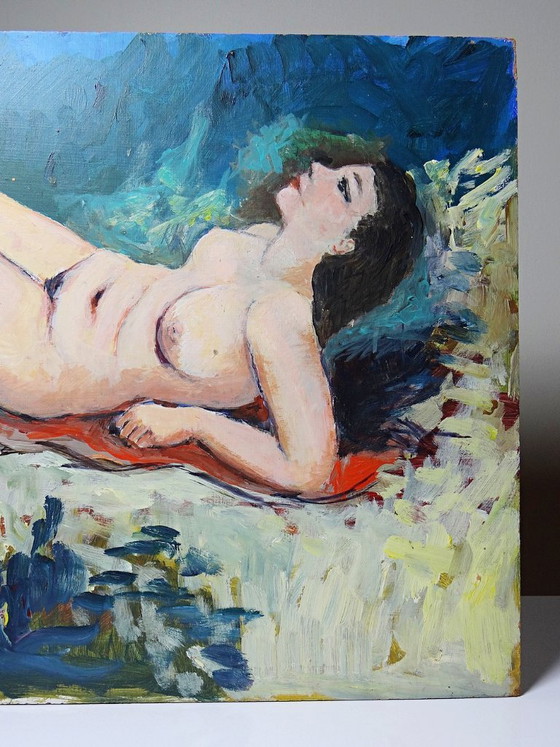 Image 1 of Small painting of a reclining nude woman, modern oil on vintage panel