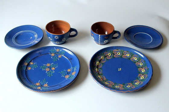 Image 1 of 2 Kaffeegedecke Keramik dunkelblau handgetöpfert handbemalt