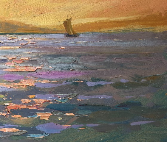 Image 1 of Original Oil Painting Sunset Sea Landscape Romantic evening swim