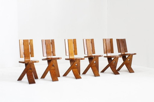 Set of 6 Vintage brutalist dining room chairs 70s Seltz