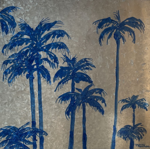 Pintura en tinta sobre metal de palmeras al atardecer en Miami
