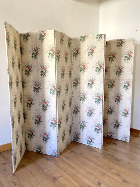 Image 1 of Antique 6-panel folding screen in wood and fabric, 1950s-1960s