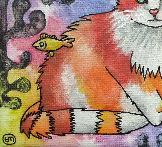 Image 1 of Tableau super mignon peint à la main d'un chat roux et orange