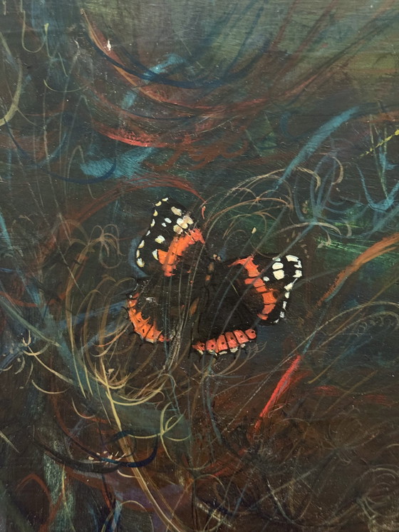 Image 1 of Ben Genaux (1911–1996, Belgio) - Paesaggio surreale con torre e farfalla, olio su tavola