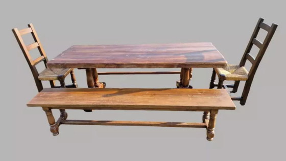 Old Farmhouse Dining Table, 2 Benches, 2 Chairs – Dining set, Wood, Wicker (photo 6 of 6)