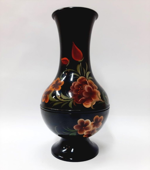 Vase vintage en émail noir, motif floral 23 cm
