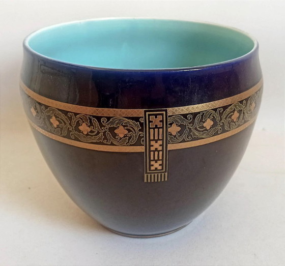 Image 1 of Cache-pot Sarreguemines Bleu Colbat Fin 19e Largeur 24,5 cm