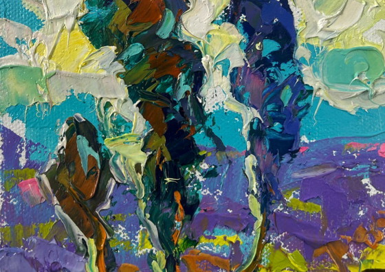 Image 1 of Original Oil Painting: Summer Field Landscape Poplars Above the Path in Fog