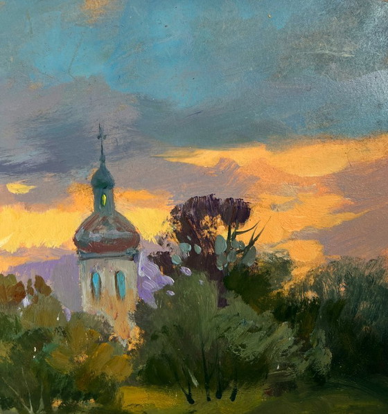 Image 1 of Original Oil Painting Evening Coastal The last rays over the temple